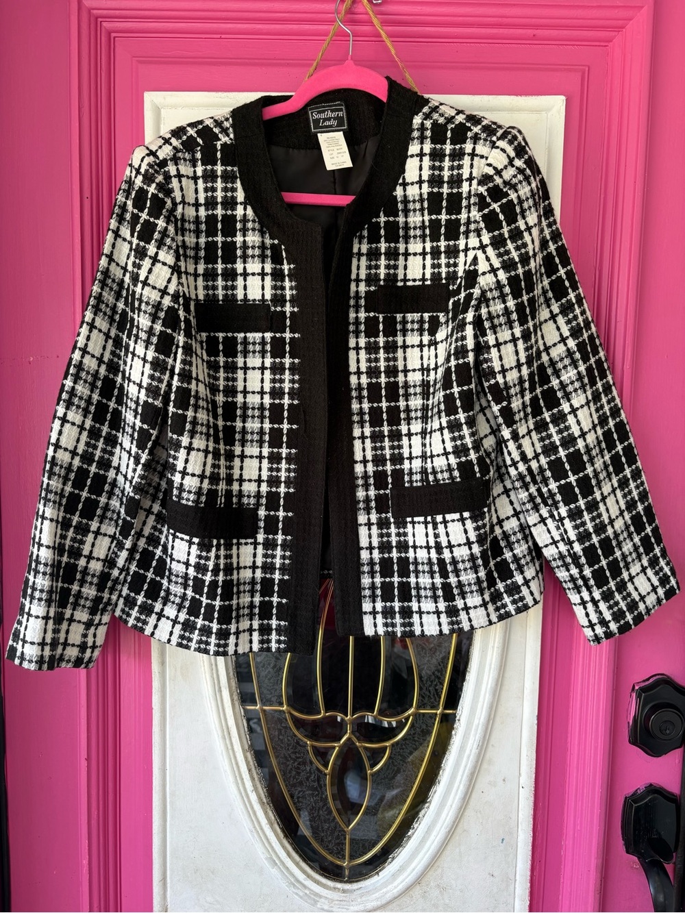 Southern Lady Black & White Plaid Tweed Open-Front Jacket - Picture 2 of 6
